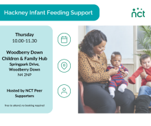 The image shows a woman holding an infant on her knee. The title on the image reads "Hackney Infant Feeding Support". Below the title is copy that reads, "Thursday 10am - 11.30am, Woodberry Down Children & Family Hub, Springpark Drive, Woodberry Down, N4 2NP. Hosted by NCT Peer Supporters. Free to attend, no booking required". There are also graphic icons showing a calendar, and map location and a person.